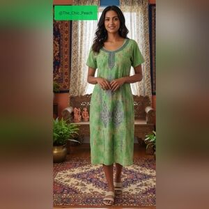 Handcrafted Green Batik Cotton Kurti with Embroidered Yoke | Excellent Condition